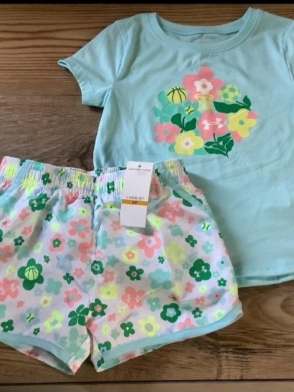 Under Armour Girls Mint Green Floral Tee and Shorts Set Size 3T(NWT)